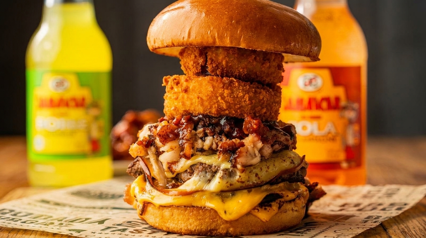 A towering burger with cheese, bacon, and onion rings, flanked by two bottles of soda.