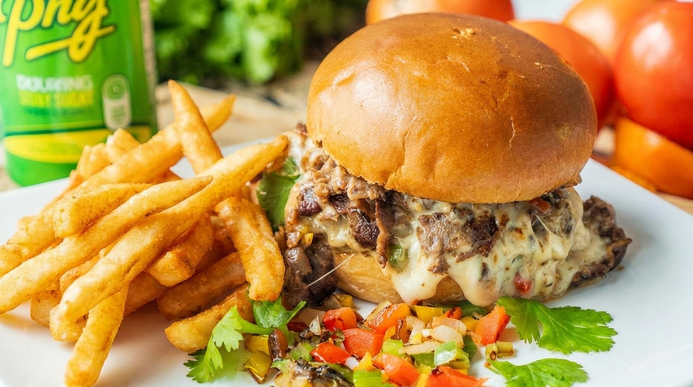 Cheesesteak sandwich with melted cheese, fries, and salsa on a white plate, with a green soda can.