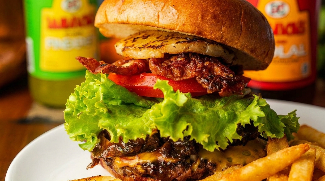 Juicy burger with melted cheese, bacon, grilled pineapple, lettuce, and tomato, served with fries.
