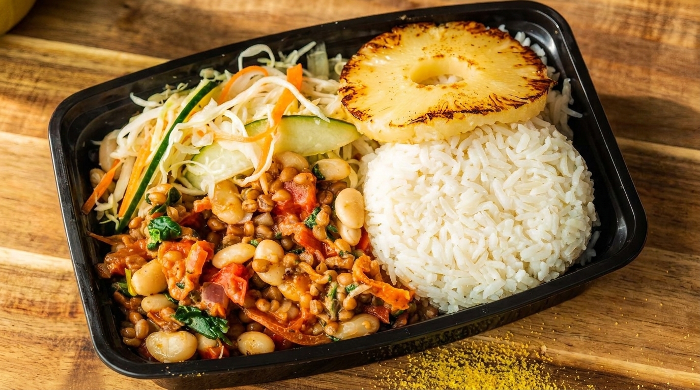 A black takeout container with rice, grilled pineapple, bean stew, and shredded vegetable salad.