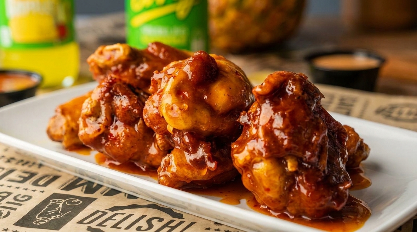 Close-up of a plate of saucy chicken wings, with drinks and dipping sauce blurred in the background.