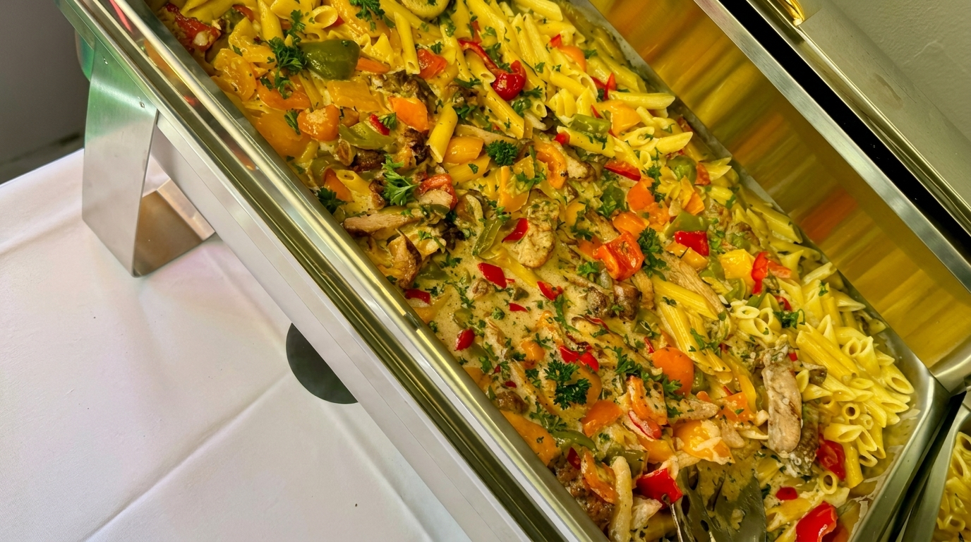 Creamy penne pasta with chicken, bell peppers, and parsley in a chafing dish.