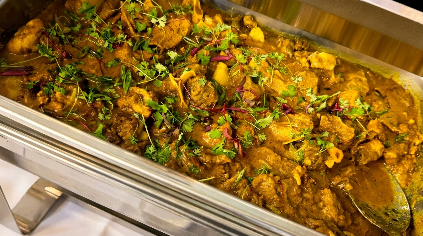 A large metal chafing dish filled with a rich, golden curry, garnished with fresh herbs.