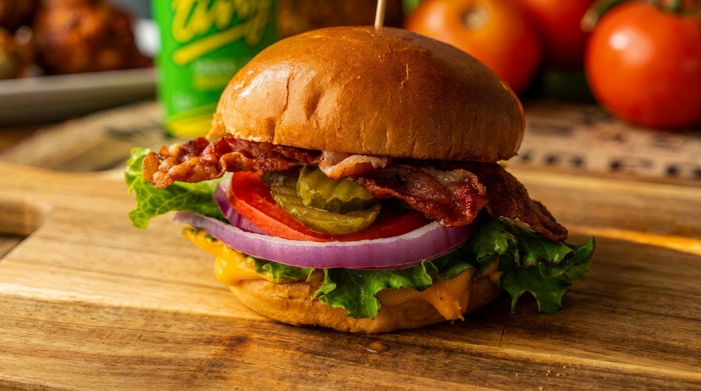 A bacon cheeseburger with lettuce, tomato, onion, and pickles on a wooden board.
