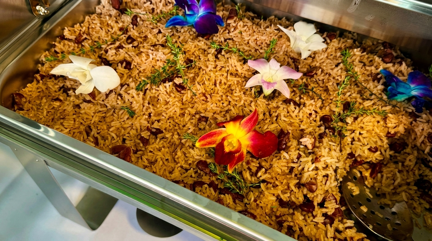 Rice and beans in a buffet tray, garnished with colorful orchids and fresh herbs.