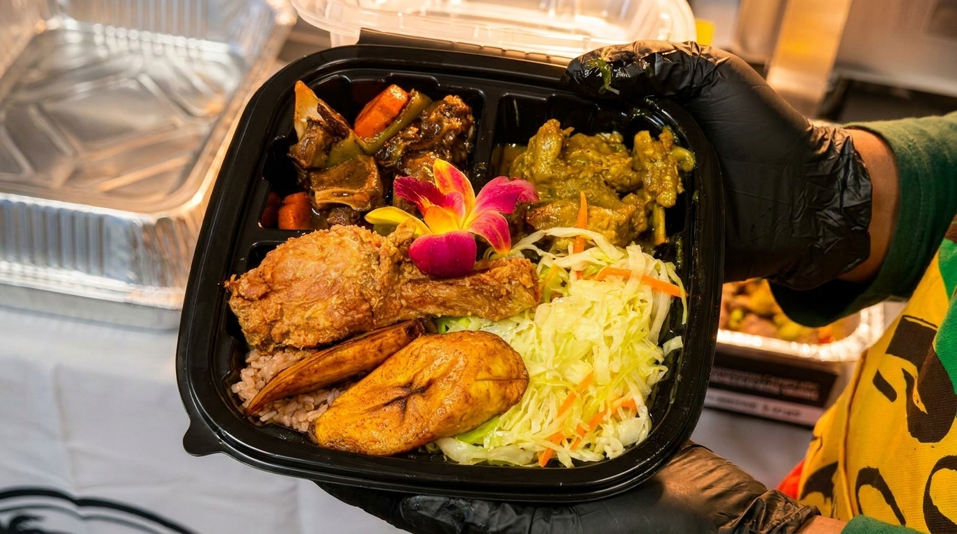 A gloved hand holds a takeout container with fried chicken, rice, plantains, cabbage, and two meat dishes.