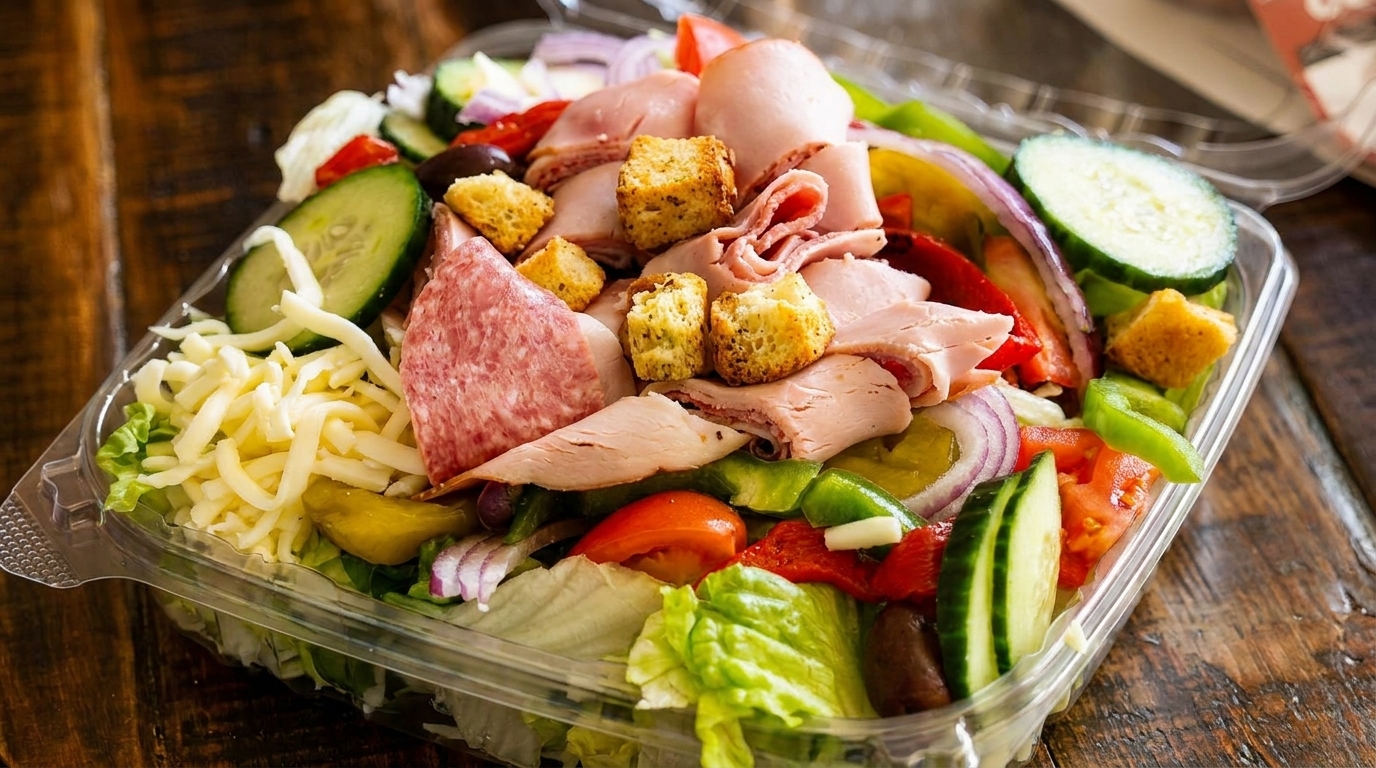 A colorful deli salad in a clear plastic container, filled with meats, cheeses, and vegetables.