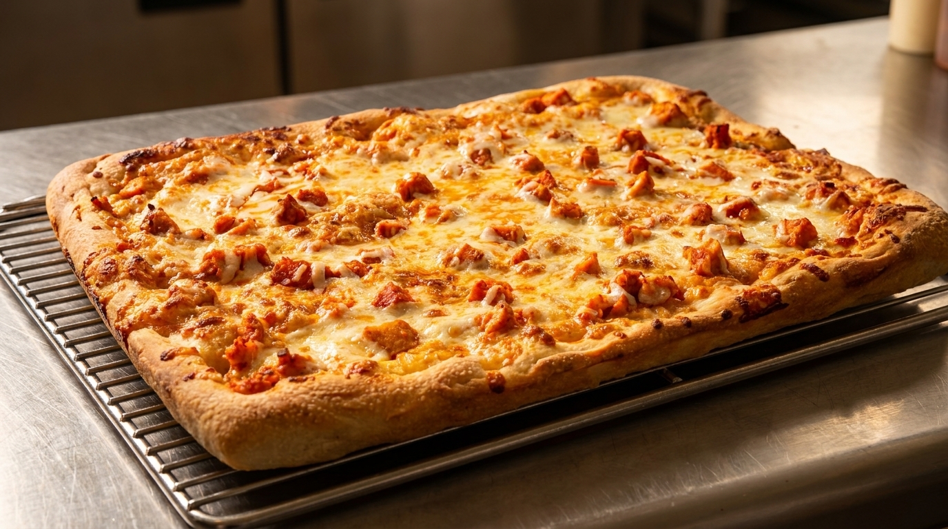 A rectangular Buffalo chicken pizza with melted cheese and chicken pieces on a metal cooling rack.