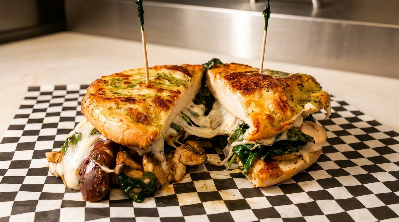 A sliced sandwich with melted cheese, spinach, and mushrooms on a checkered paper.