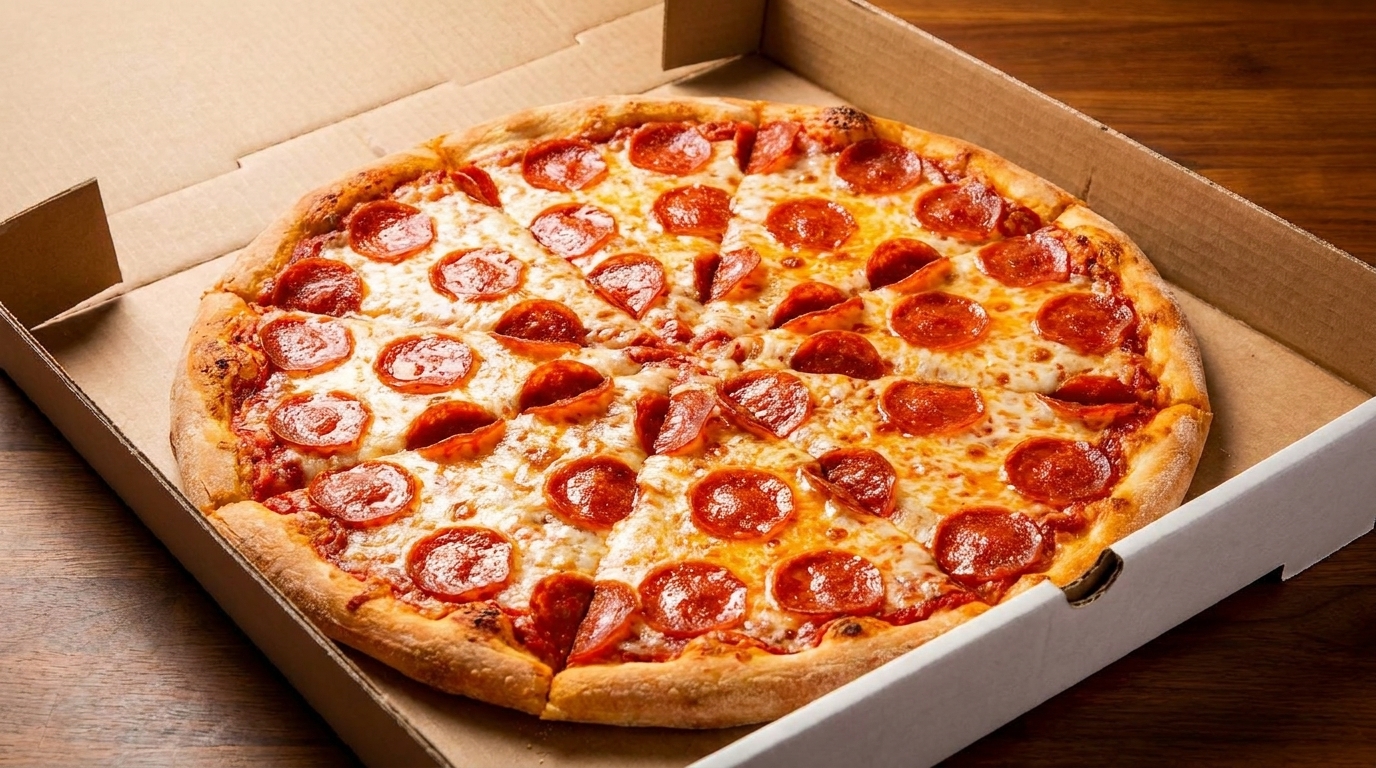 A whole pepperoni pizza, sliced and hot, inside an open cardboard delivery box.