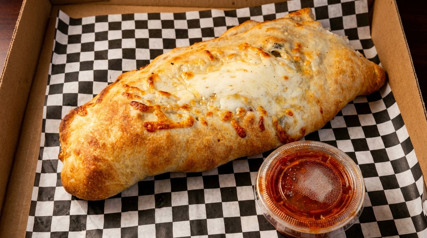A golden-brown calzone with melted cheese on top, served in a box with checkered paper and a side of marinara sauce.