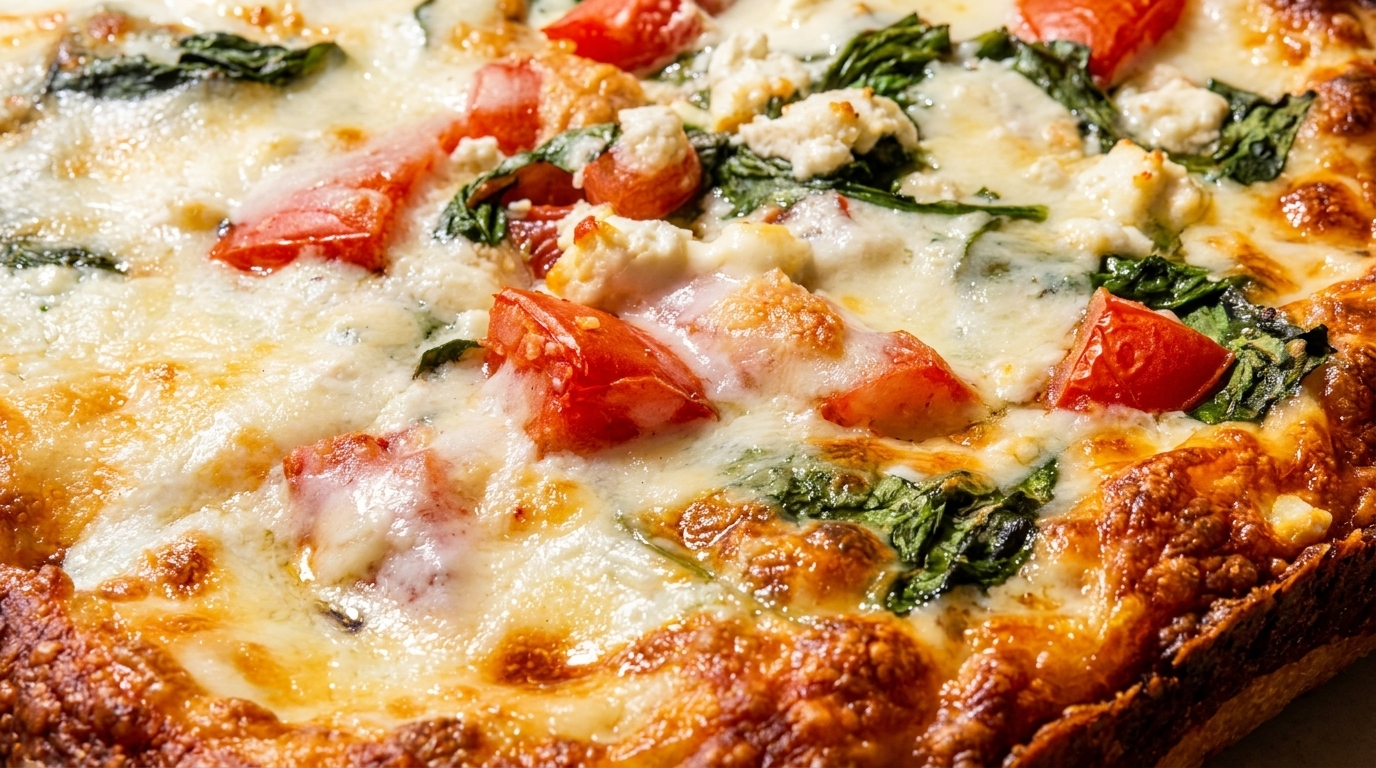 Close-up of a pizza with melted cheese, diced tomatoes, spinach, and feta cheese.