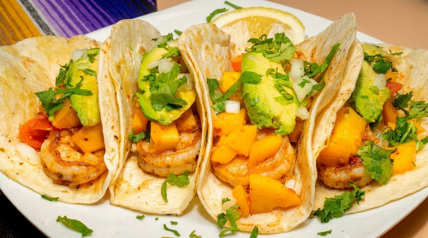 Four shrimp tacos with mango, avocado, and cilantro on a white plate with a lemon wedge.