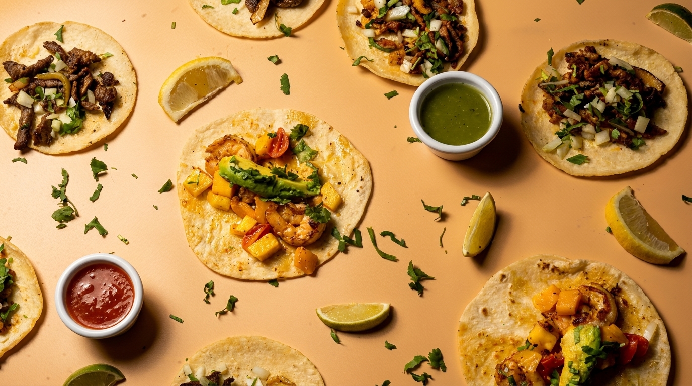Assortment of tacos with various fillings, including beef, shrimp, and avocado, on a peach background.