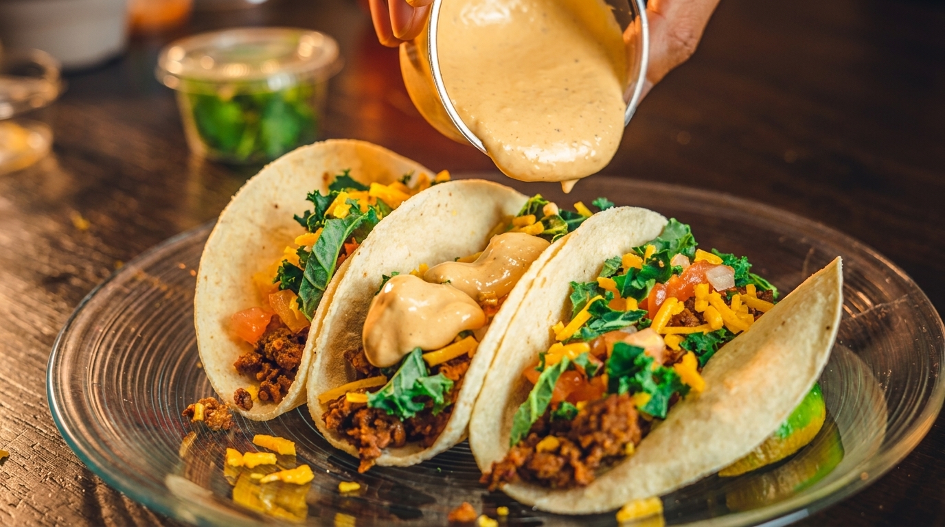 Three tacos filled with meat, cheese, and greens, with sauce being drizzled over them.