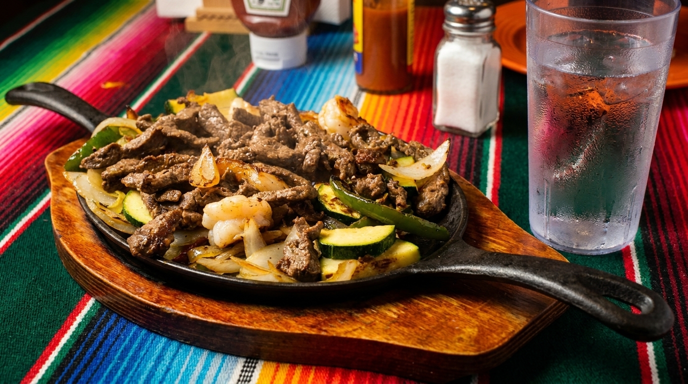 Sizzling fajitas with steak, shrimp, onions, zucchini, and peppers on a colorful striped tablecloth.