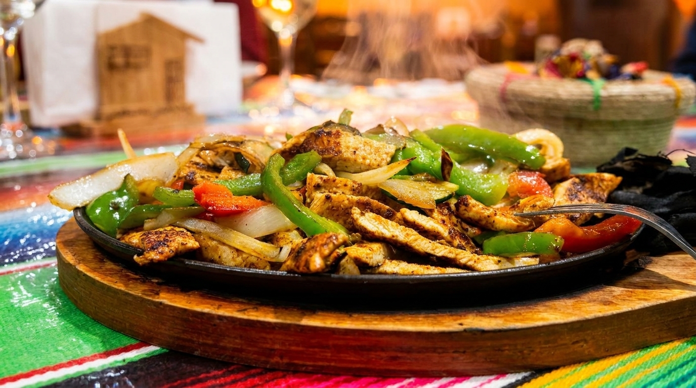 Sizzling chicken fajitas with colorful peppers and onions on a wooden platter at a vibrant restaurant.