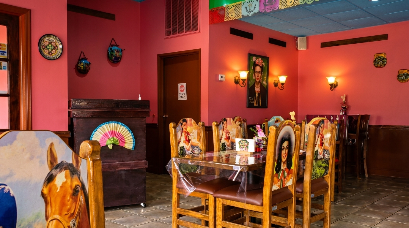 Vibrantly decorated Mexican restaurant dining room with pink walls, colorful chairs, and Frida Kahlo art.