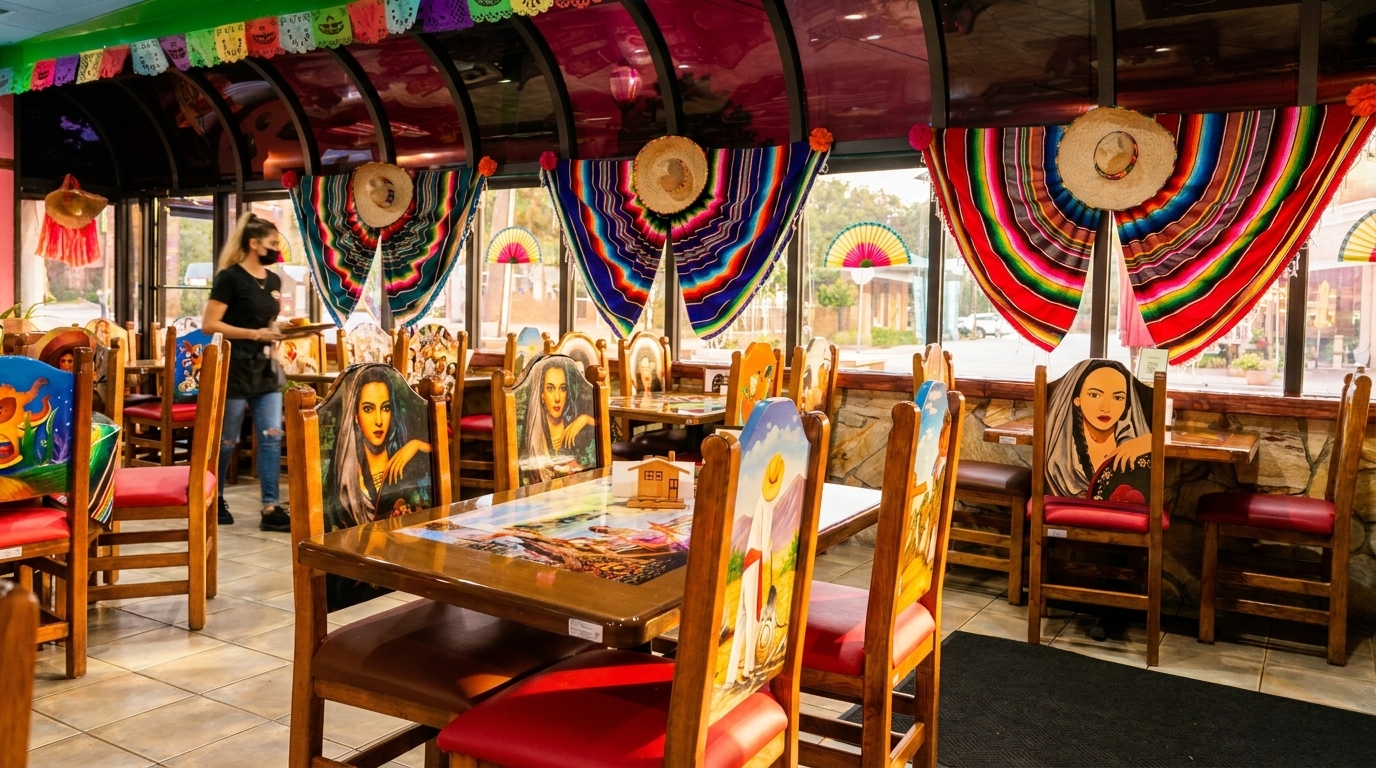 Vibrant Mexican restaurant interior with colorful chairs, serapes, sombreros, and a server walking through.