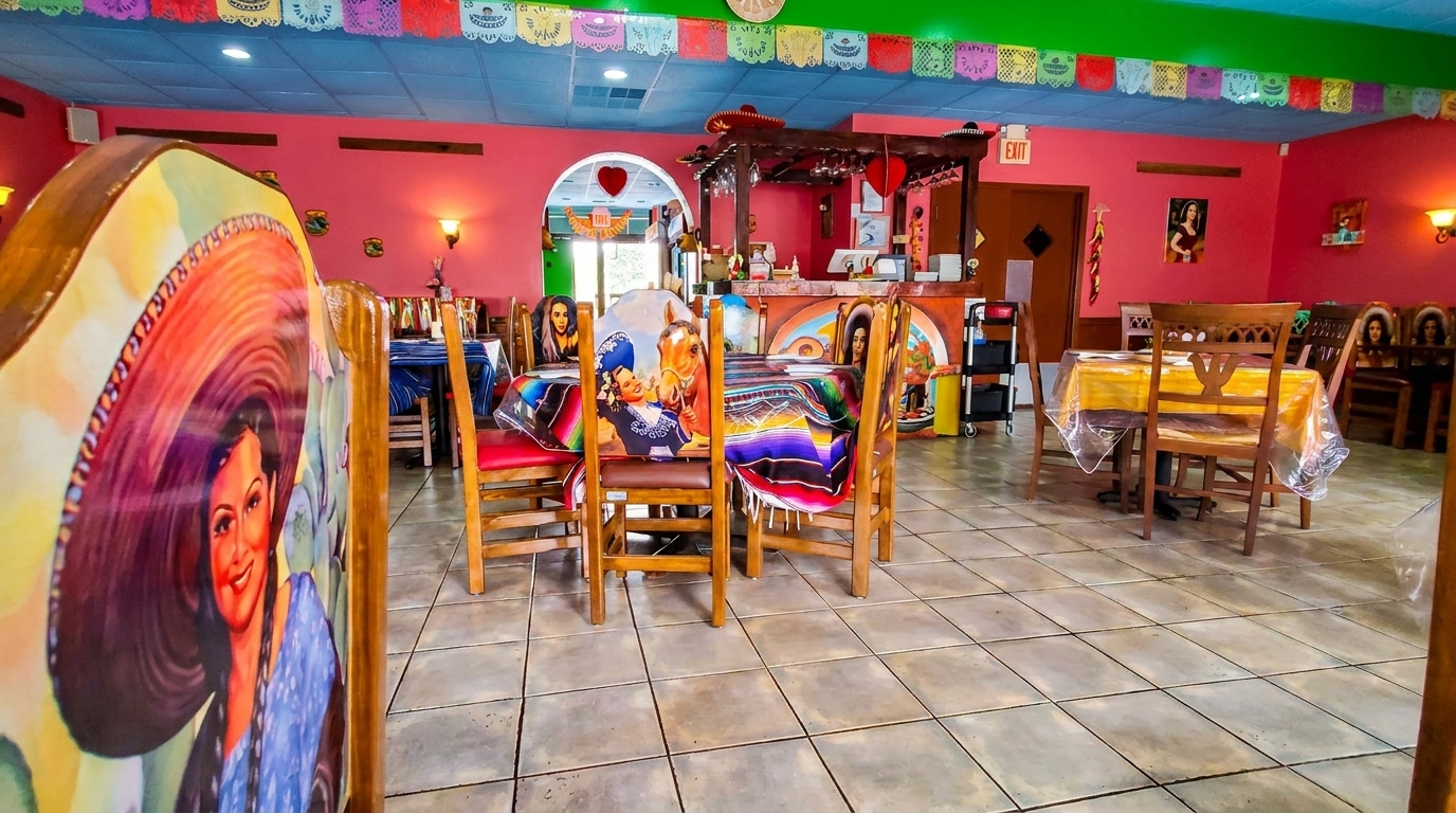 Vibrant Mexican restaurant interior with colorful decor, painted chairs, and serape-covered tables.