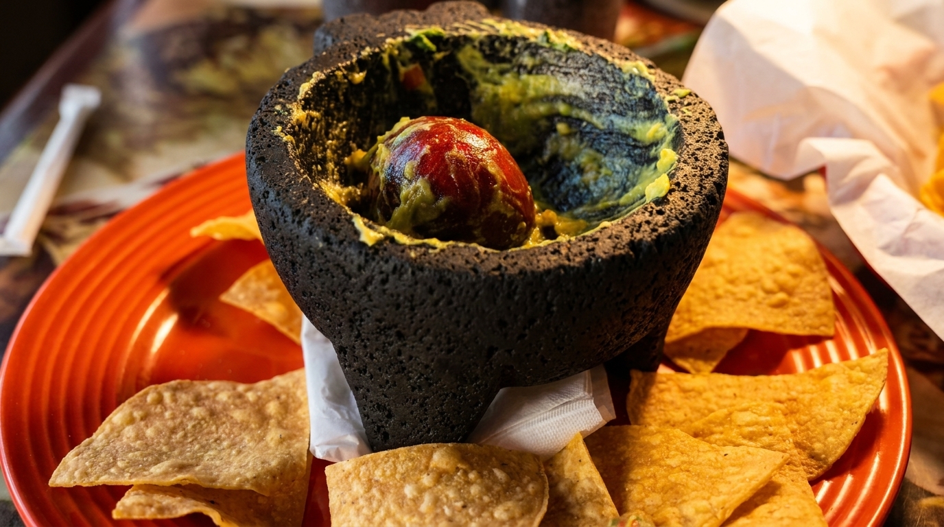 Freshly made guacamole in a molcajete with a large avocado pit, surrounded by tortilla chips.