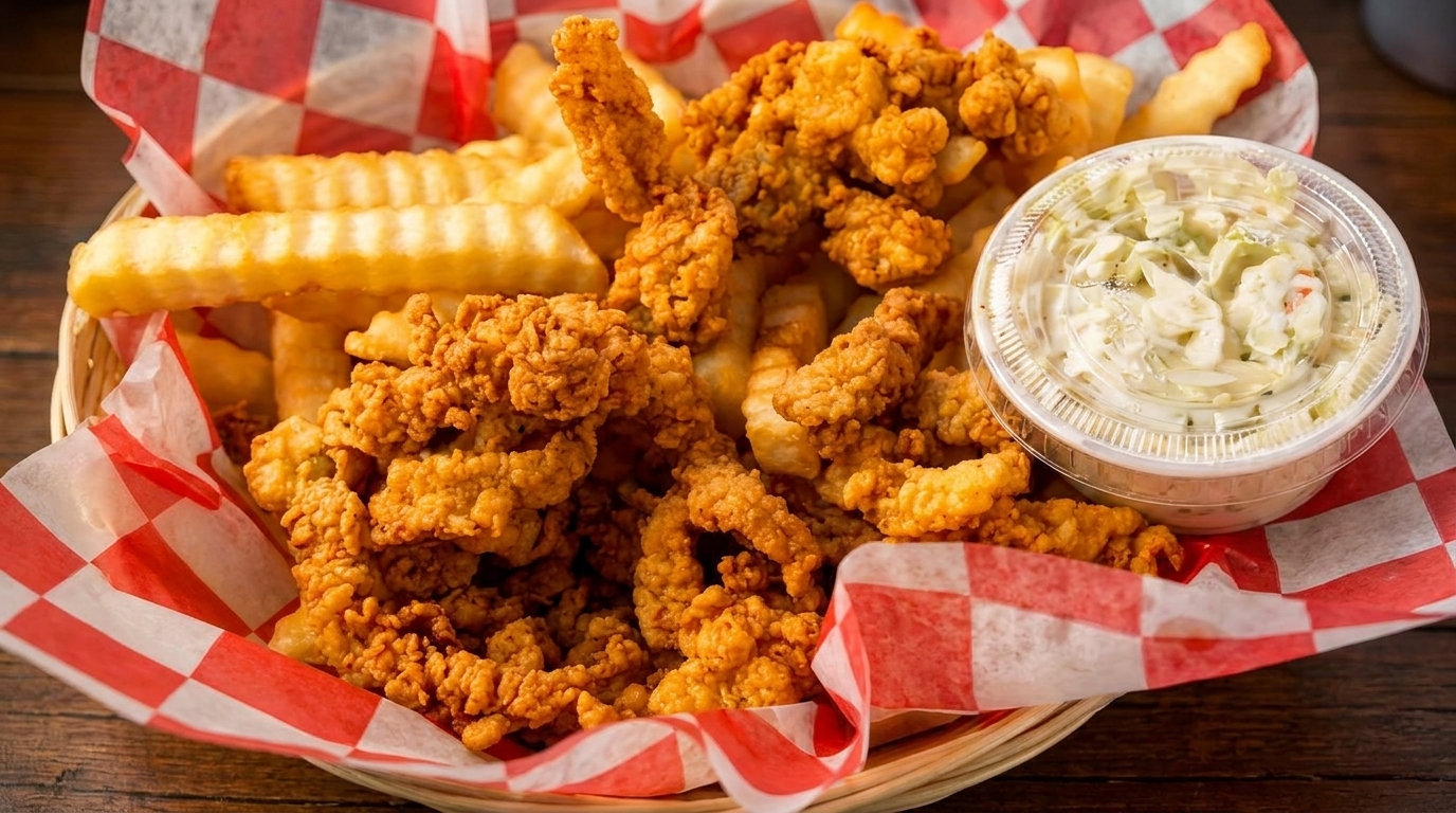 Fried clam strips and crinkle-cut fries in a basket with red and white checkered paper, with coleslaw.