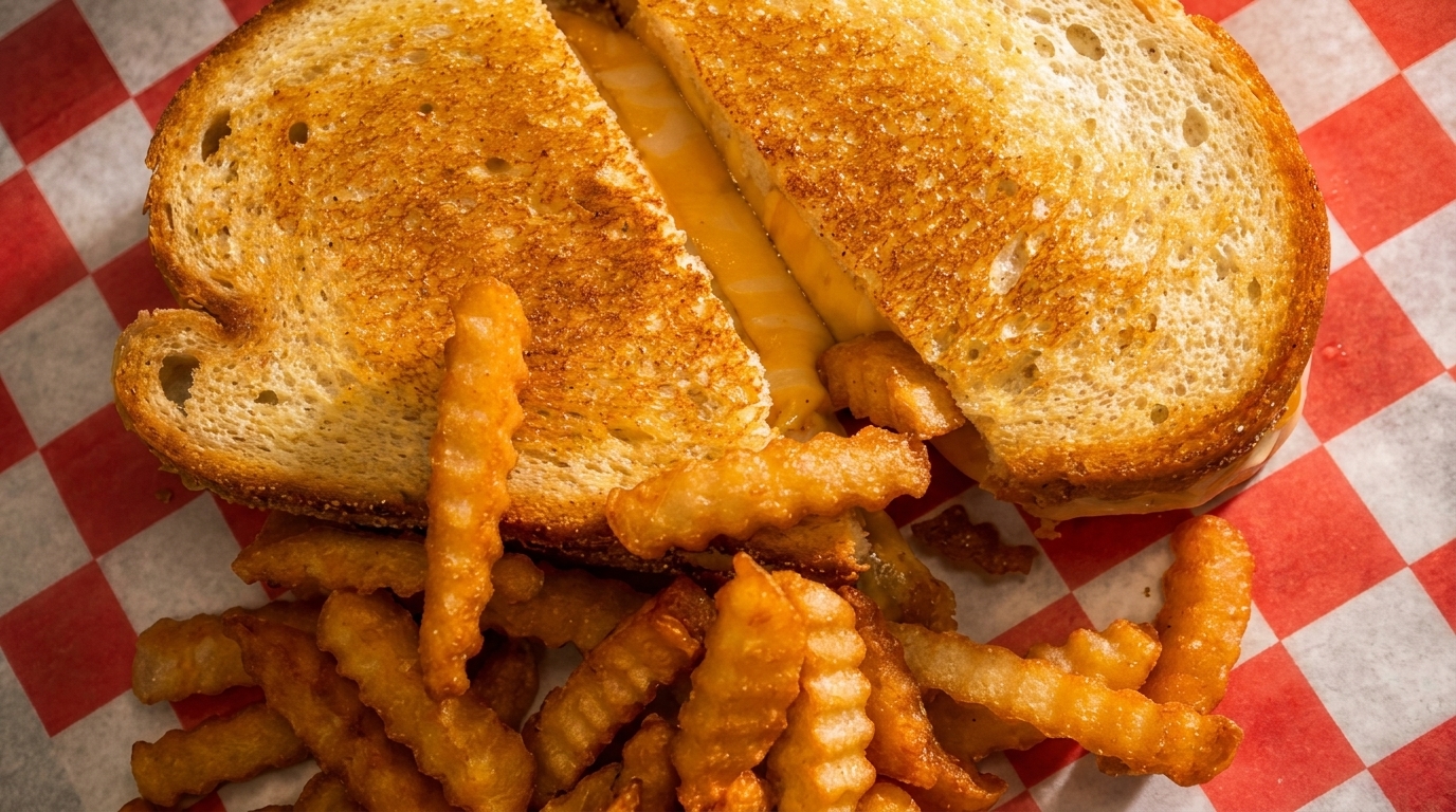 Grilled cheese sandwich cut in half, revealing melted cheese, served with crinkle-cut fries on checkered paper.