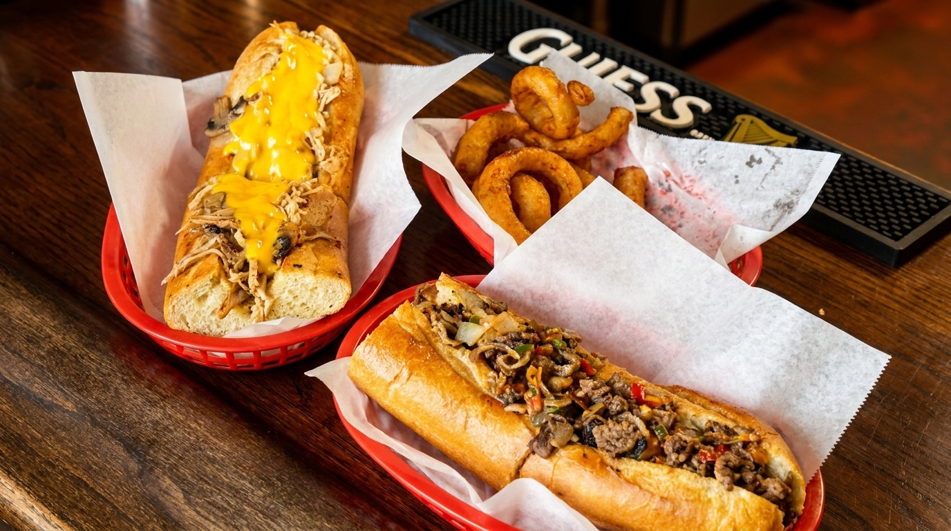 Two cheesesteak sandwiches and a basket of onion rings on a wooden table with a Guinness bar mat.