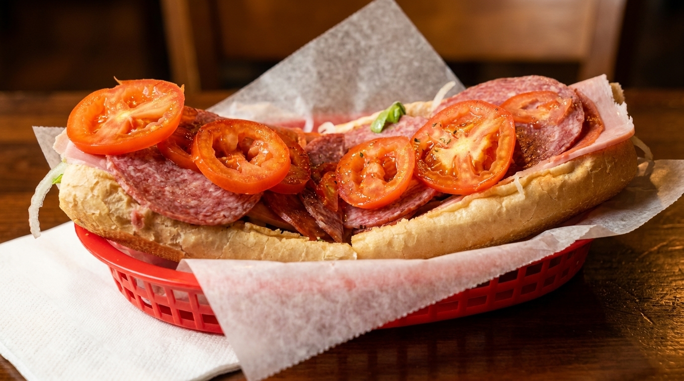 A large deli sub sandwich with salami, ham, and sliced tomatoes in a red basket.