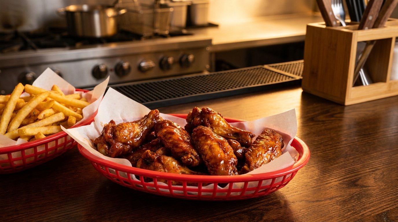 Baskets of golden french fries and glazed chicken wings on a wooden counter in a restaurant kitchen.