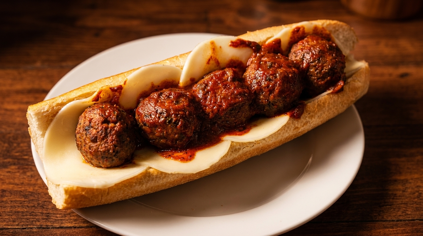 A meatball sub sandwich with melted cheese and marinara sauce on a white plate.