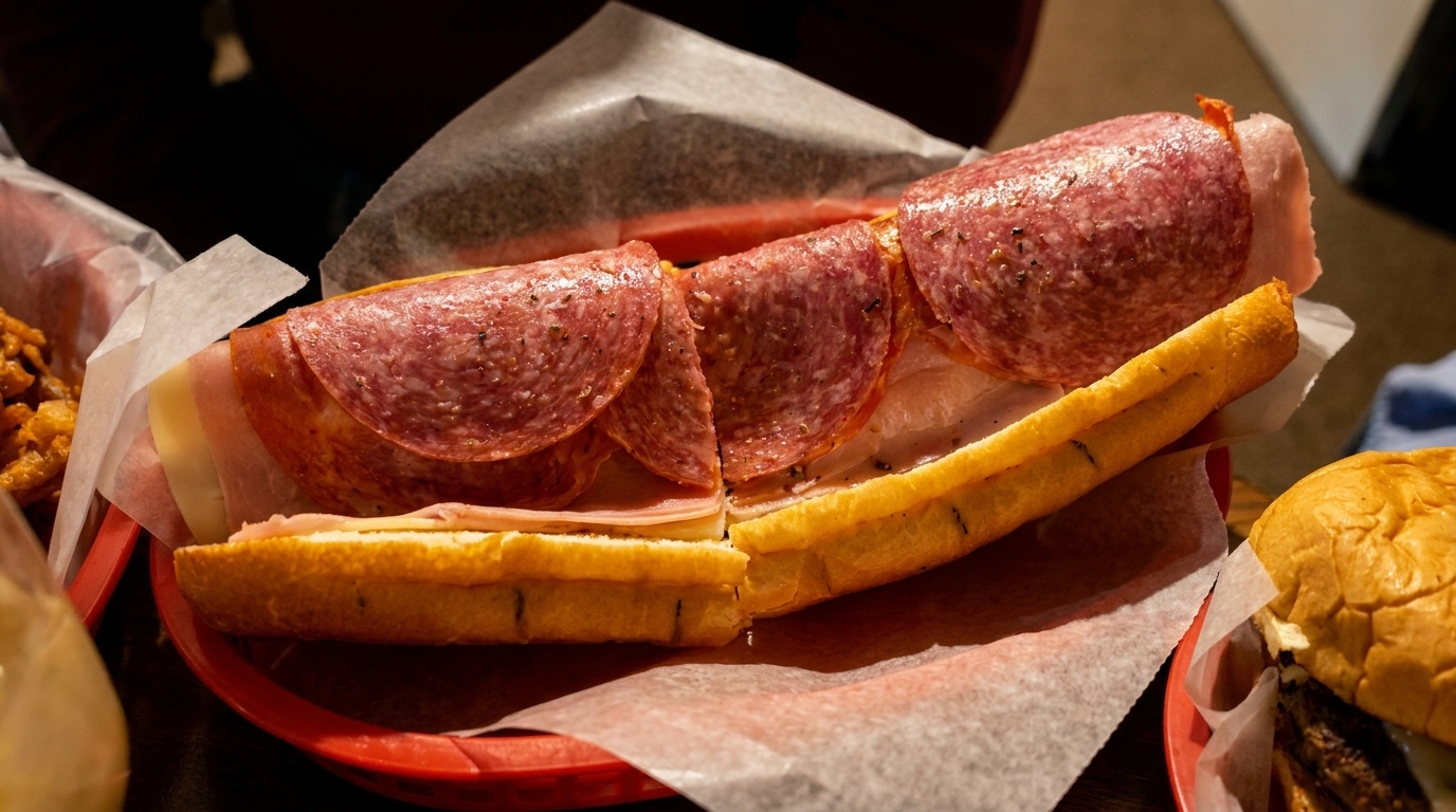 A large deli sub sandwich with salami, ham, and cheese on a red plate.