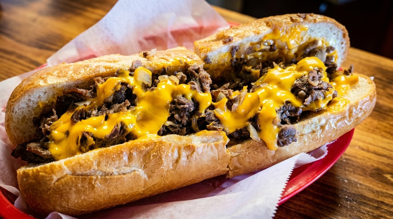 Cheesesteak sandwich with melted cheese and onions, served in a red basket on a wooden table.
