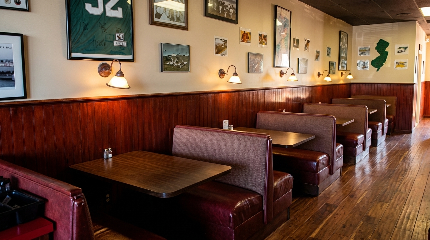 Empty restaurant interior with rows of brown leather booths, wooden tables, and wall decor.