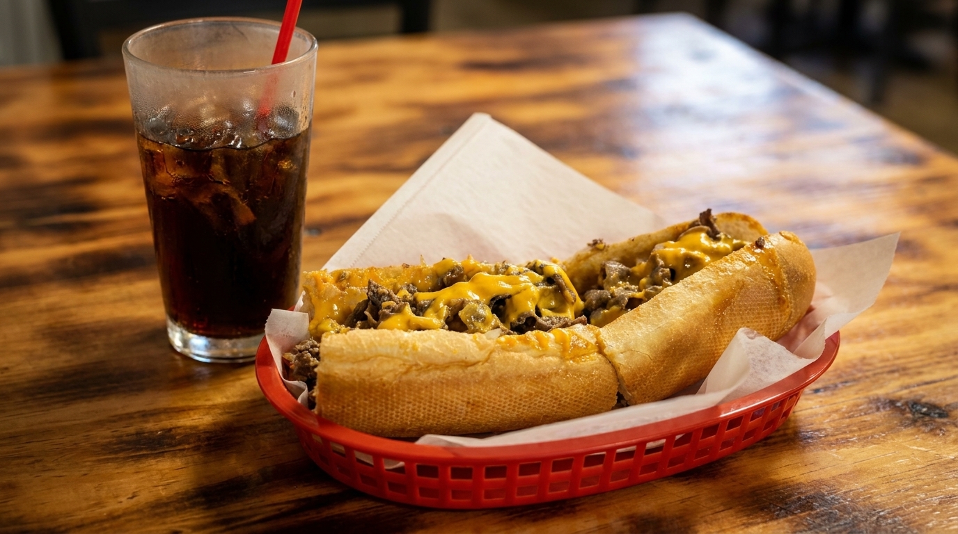 Cheesesteak sandwich with melted cheese in a red basket next to a glass of soda on a wooden table.