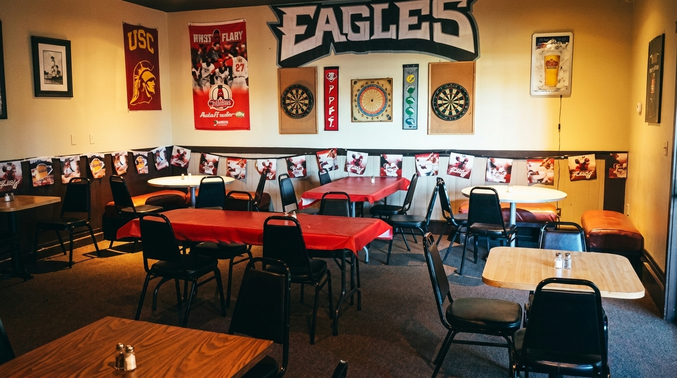 Casual restaurant interior with tables, chairs, sports banners, and dartboards on the walls.