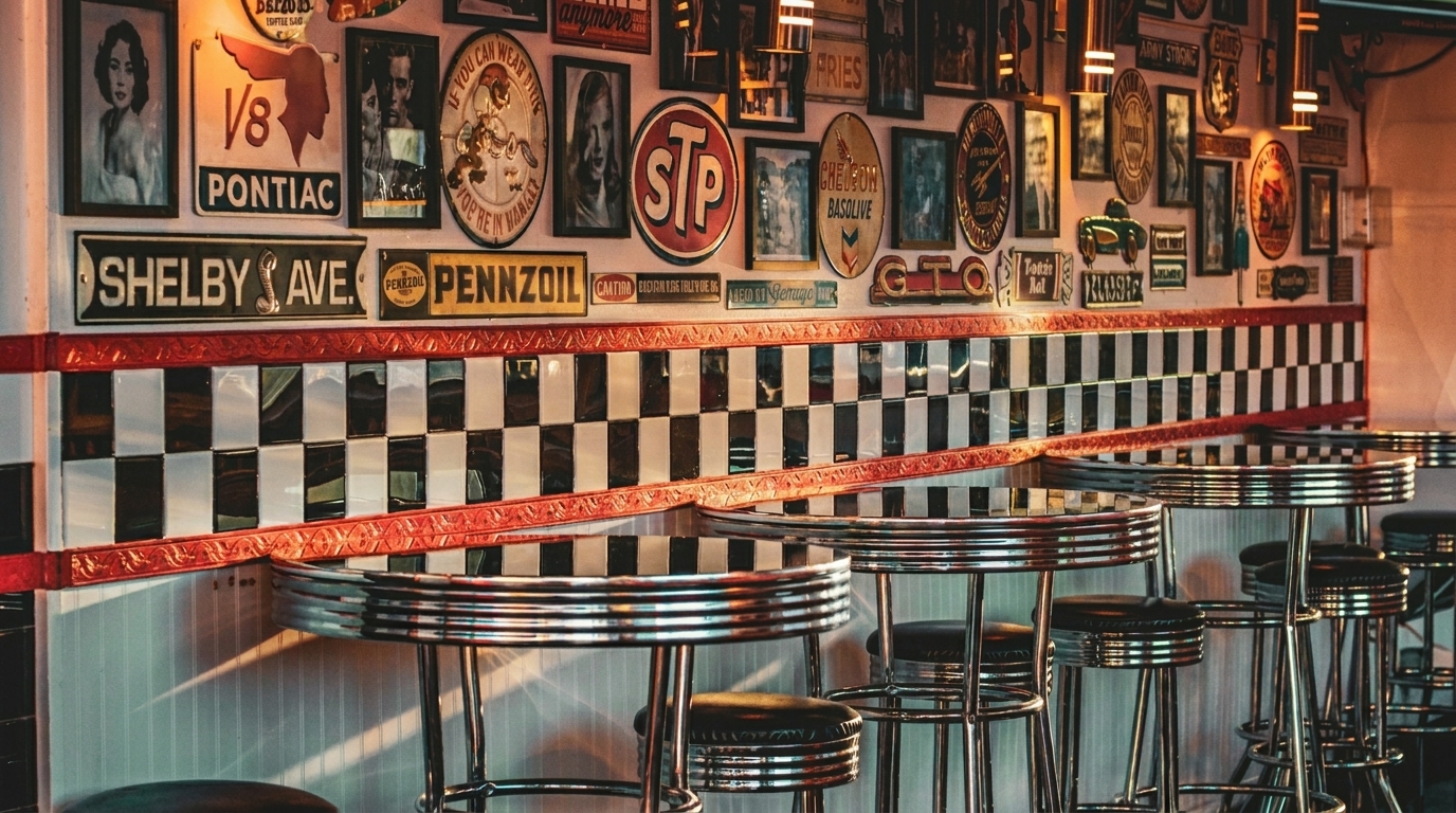 Retro diner interior with vintage signs, checkered tiles, chrome tables, and stools.