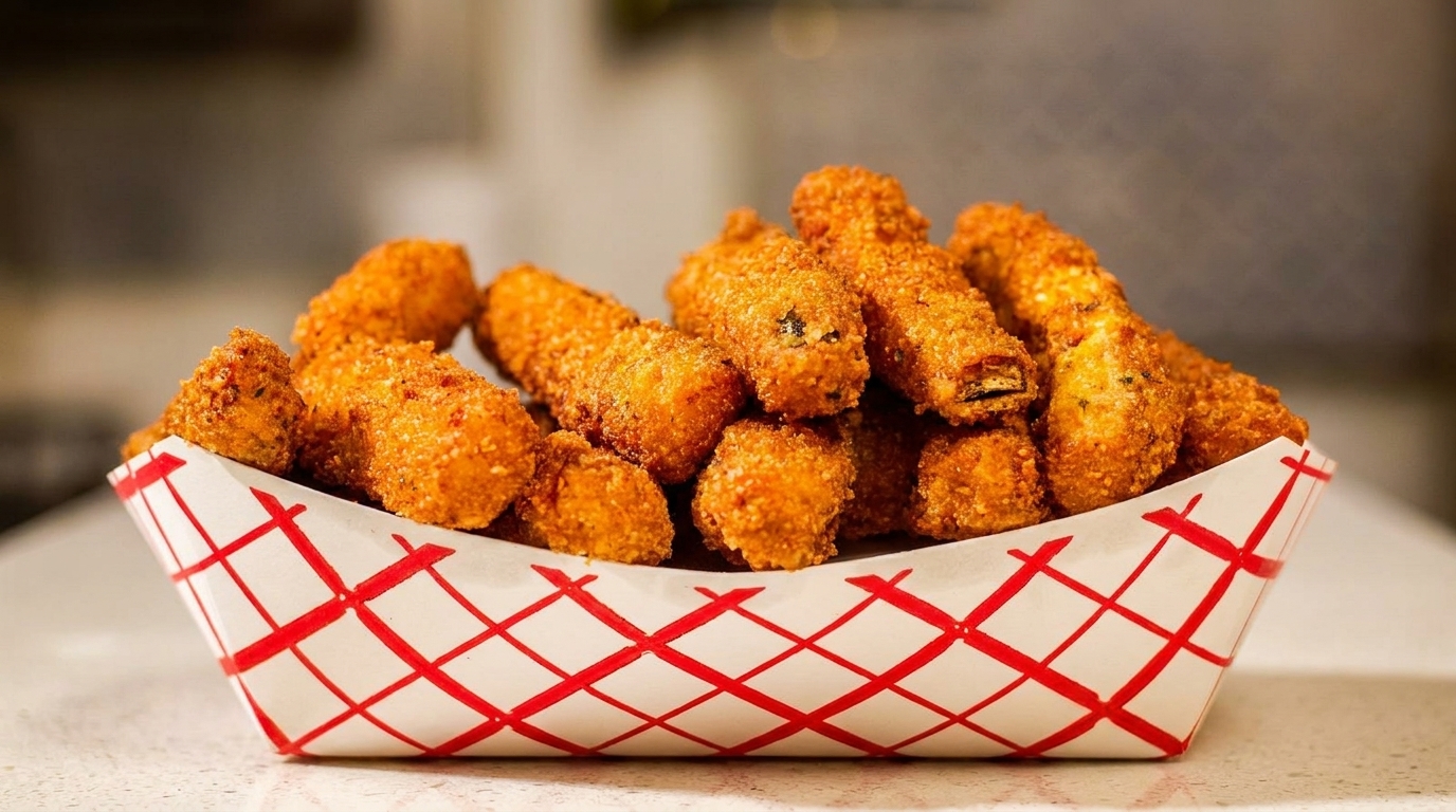 Crispy fried zucchini sticks in a red and white checkered paper tray on a light surface.