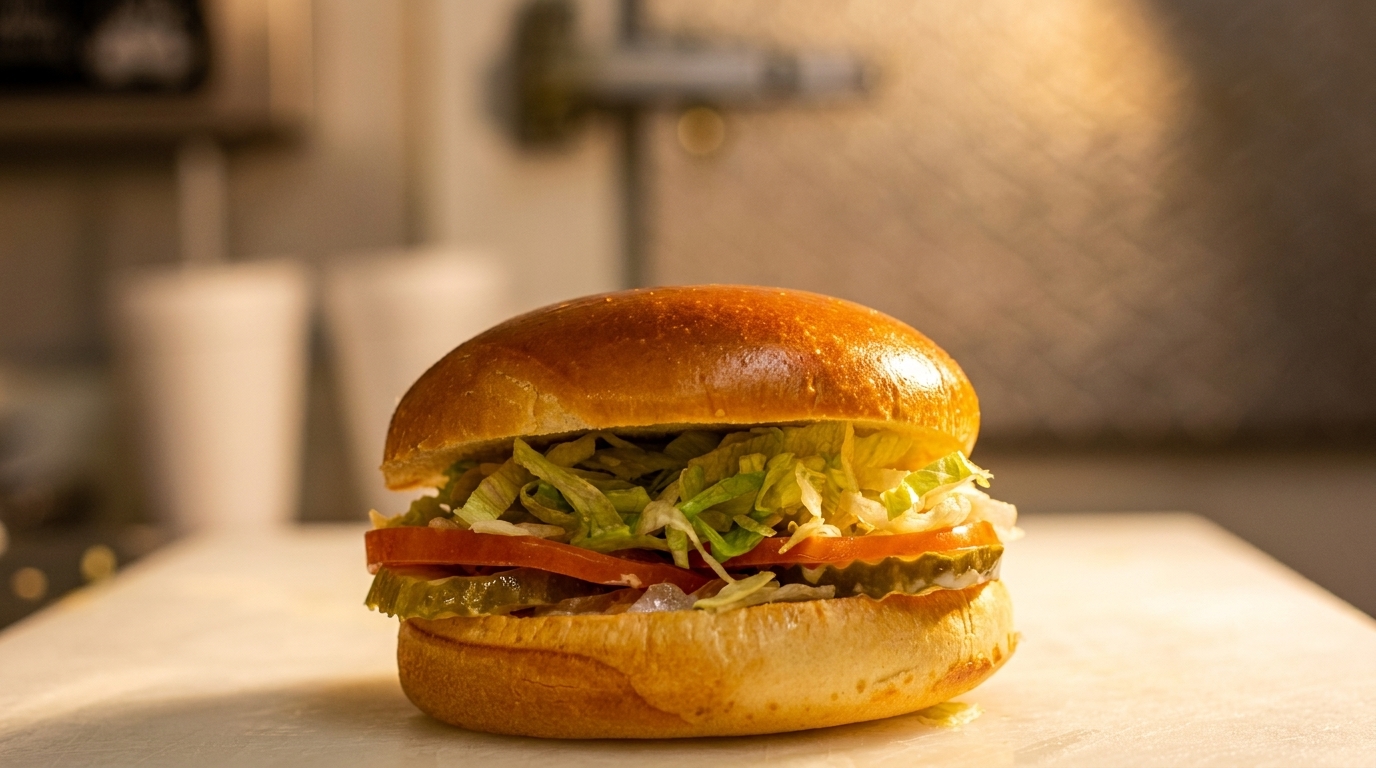 A fresh burger with lettuce, tomato, and pickles on a brioche bun, under warm lighting.