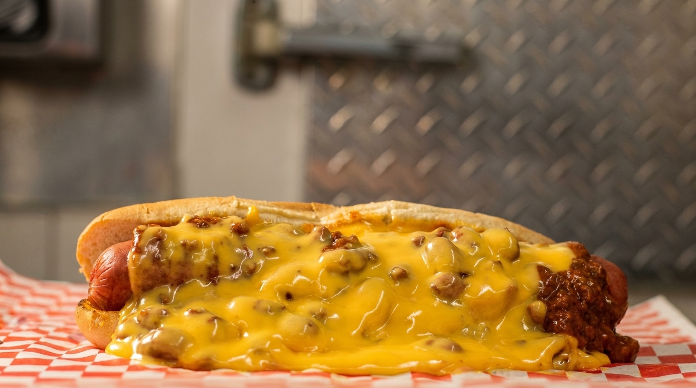A chili cheese hot dog on a red and white checkered paper, with a metal background.