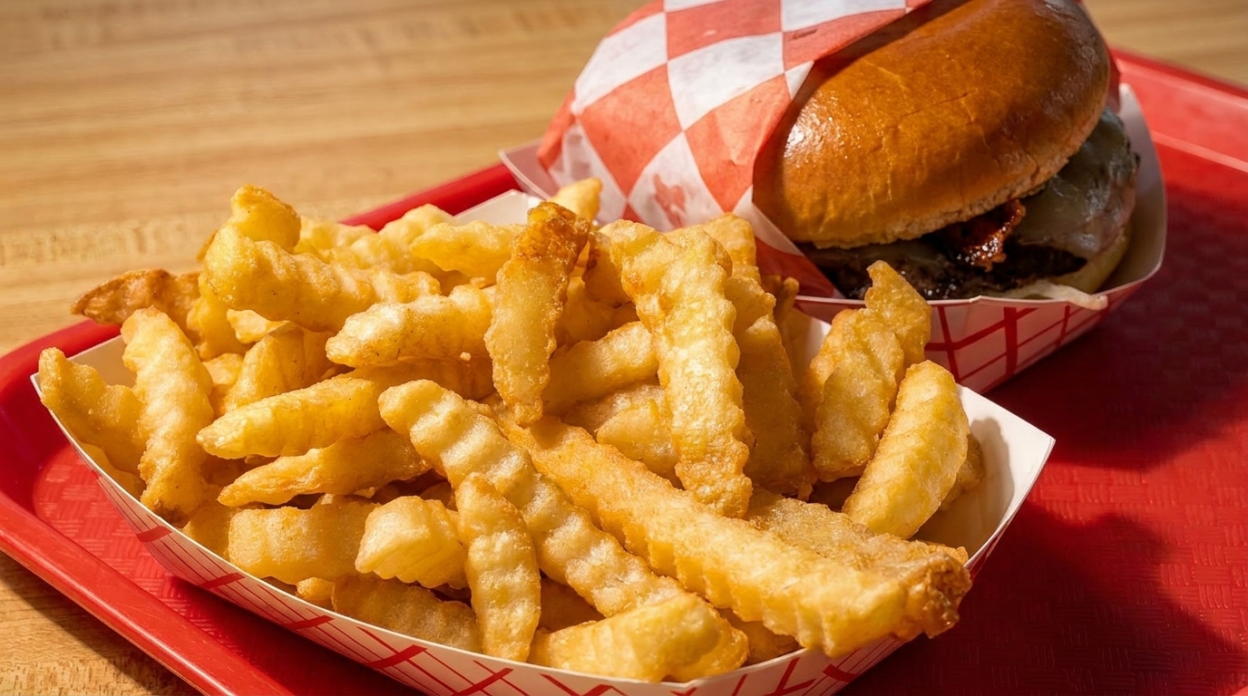 A basket of golden crinkle-cut fries next to a cheeseburger wrapped in checkered paper on a red tray.