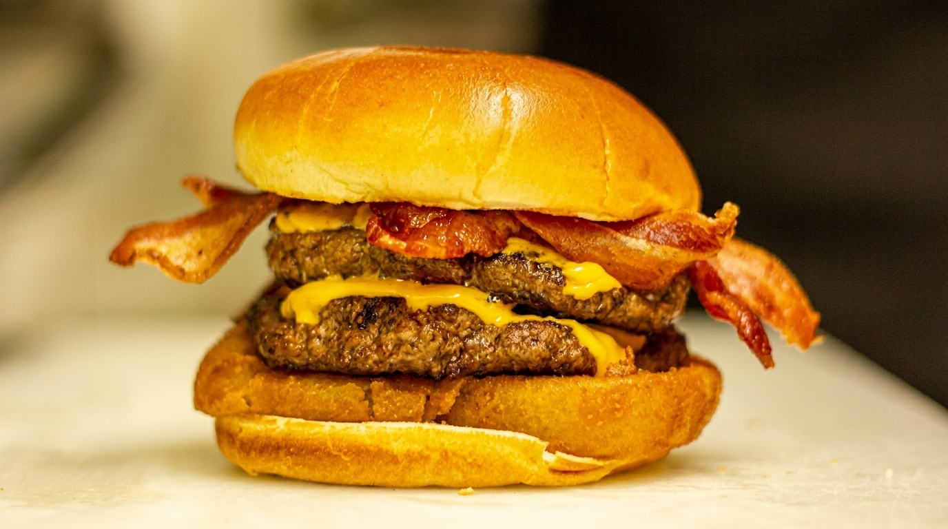 A double cheeseburger with melted cheese and crispy bacon on a toasted bun.