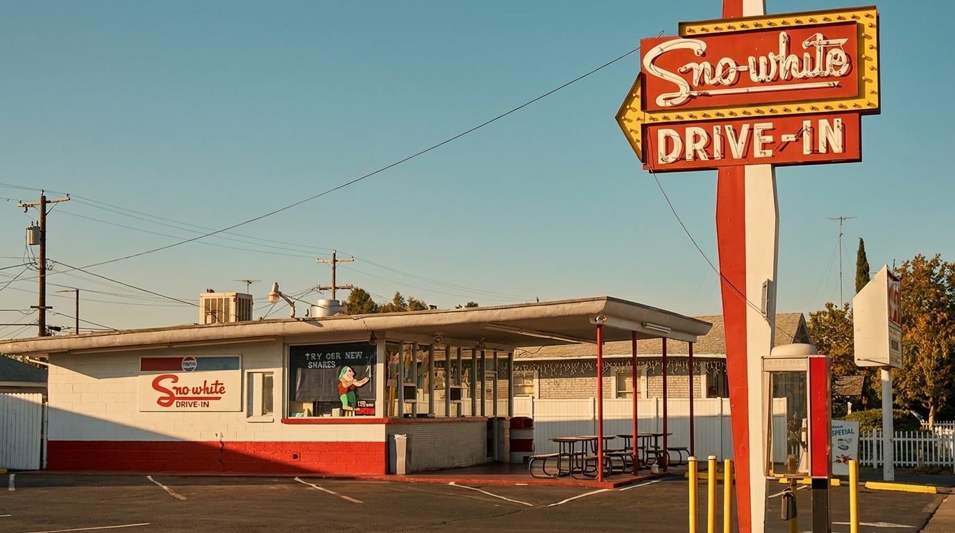 Vintage Sno-white Drive-In restaurant with a large red and white sign under a clear sky.