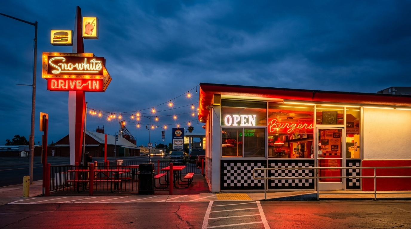 Snow White Drive-In restaurant at dusk, with neon signs glowing red and yellow against a dark sky.