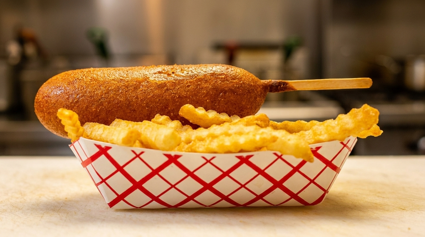 Golden-brown corn dog on a stick resting on a bed of crinkle-cut fries in a red and white checkered tray.