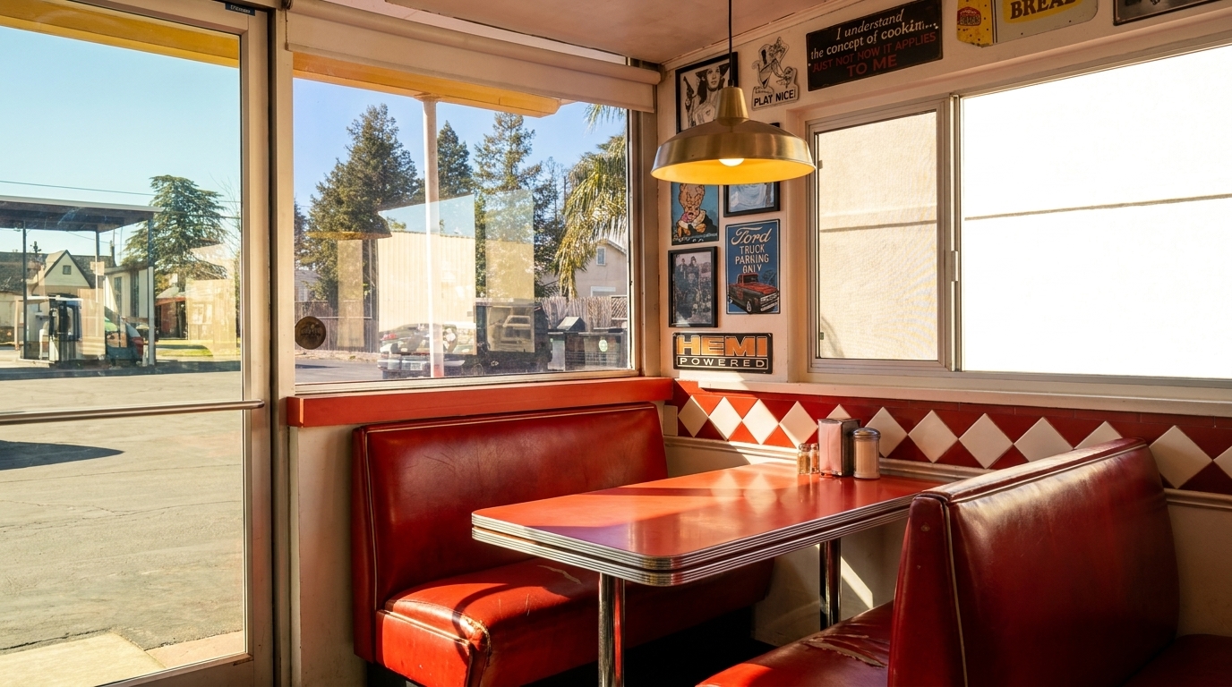 A retro diner booth with red seating, a red table, and vintage signs on the wall.