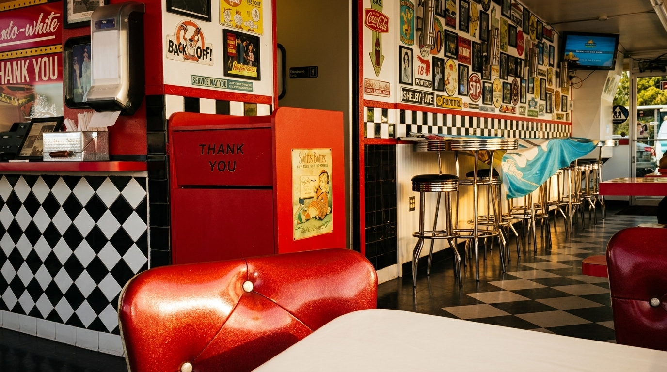 Retro diner interior with red booths, black and white checkered floor, and vintage wall decor.