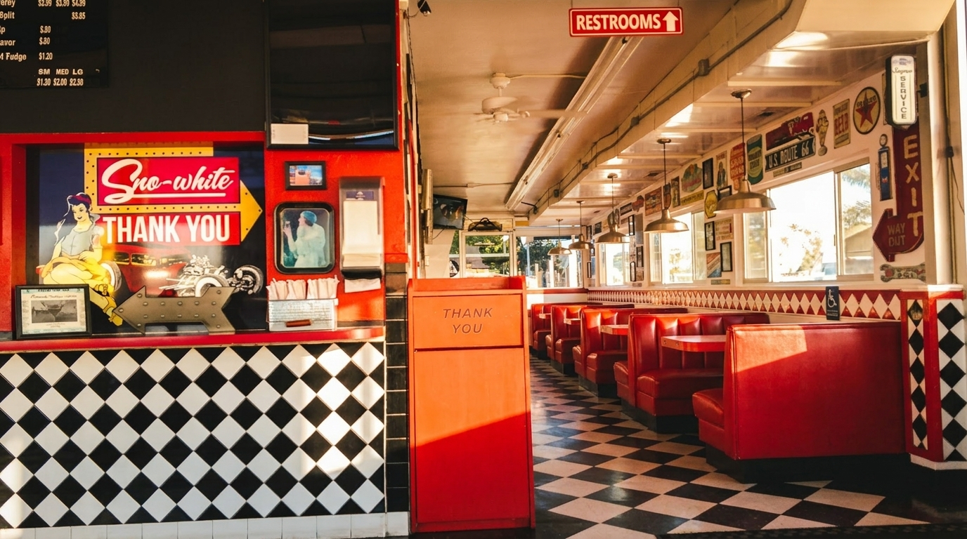 Retro diner interior with red booths, checkerboard floor, and vintage Sno-White sign.