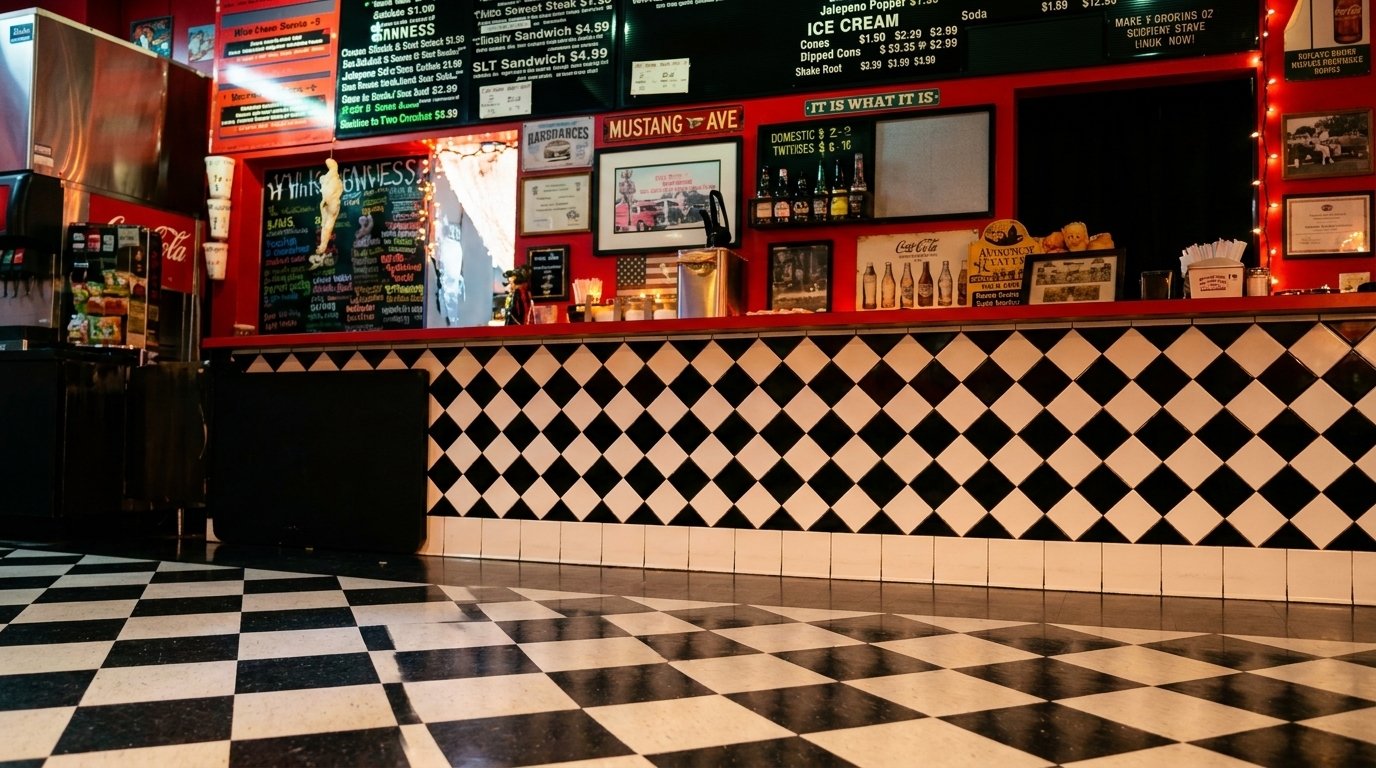 A retro diner interior with a black and white checkered floor and counter, red walls, and menu boards.