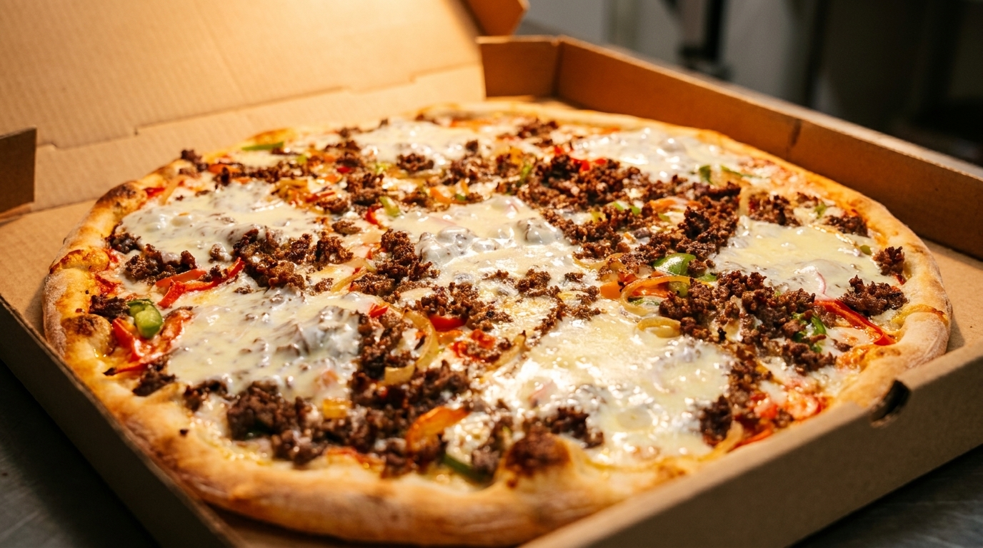 A freshly baked pizza with ground beef, melted cheese, and colorful vegetables in a cardboard box.